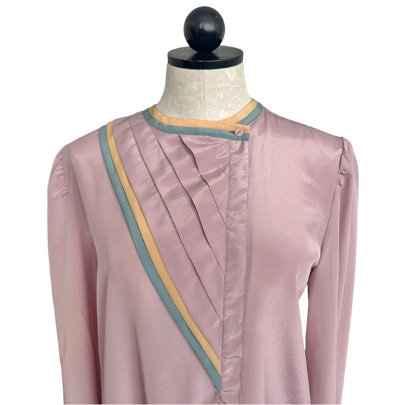 Vintage Karoline 1970's Blouse Mauve Asymetrical Pleats Green Gold Trim Fits M - Picture 5 of 11